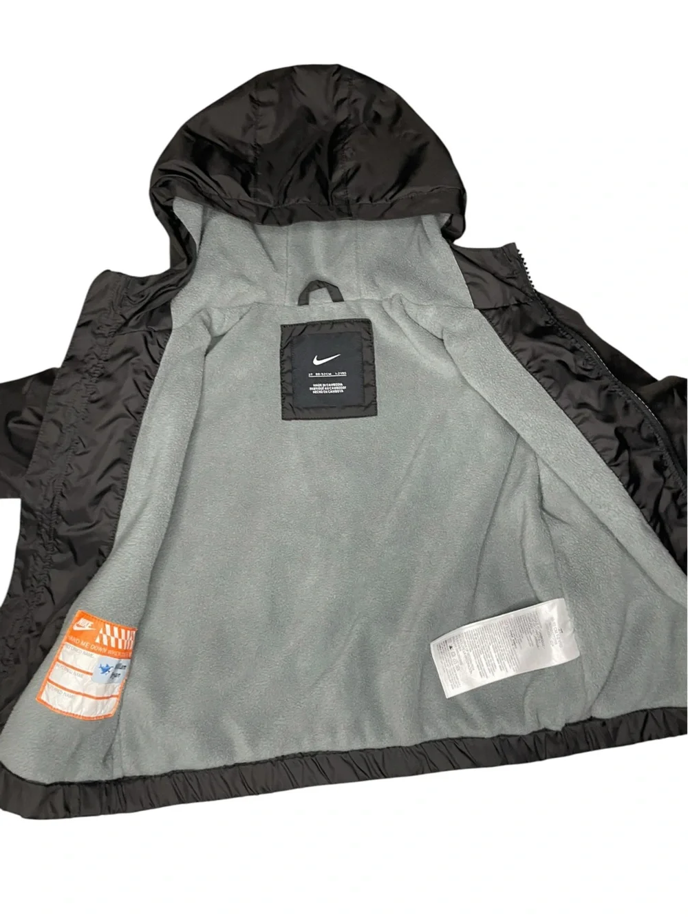 Nike Black with White Swoosh Hooded Fleece Lined Fall/Spring Jacket-Kids 7